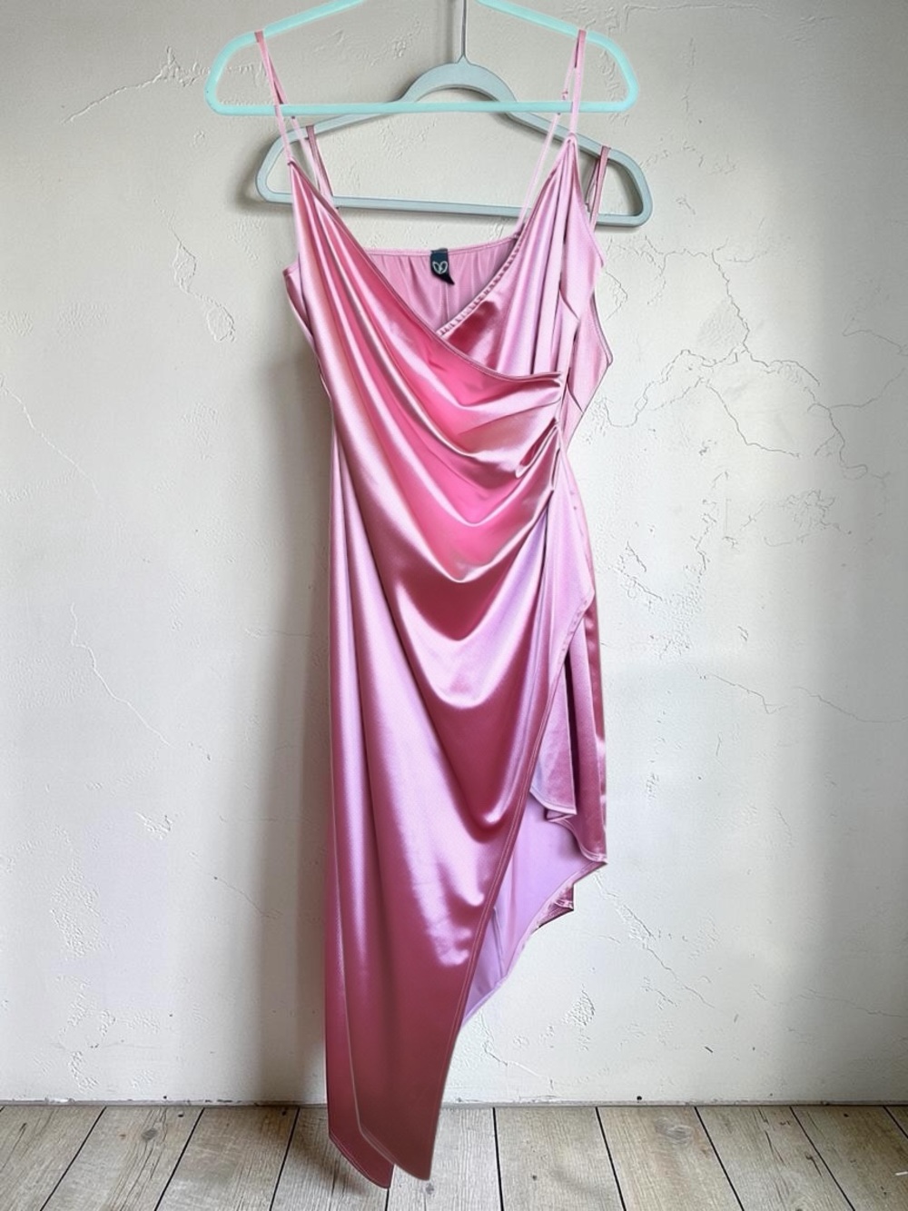 Windsor Pink Satin Cowl Neck Asymmetrical Ruched Wrap Midi Dress, Size M.